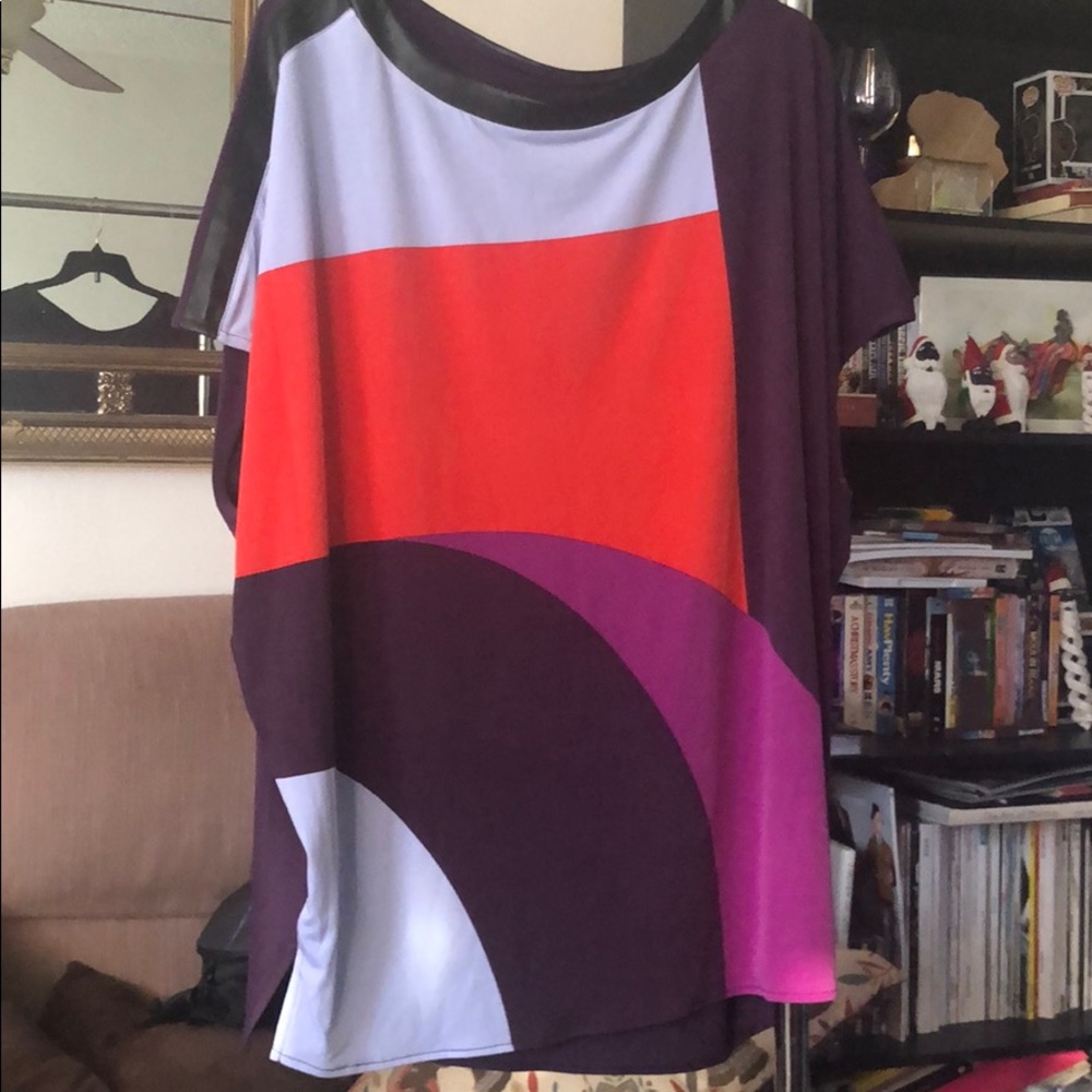 Multi colored shirt with faux leather trim